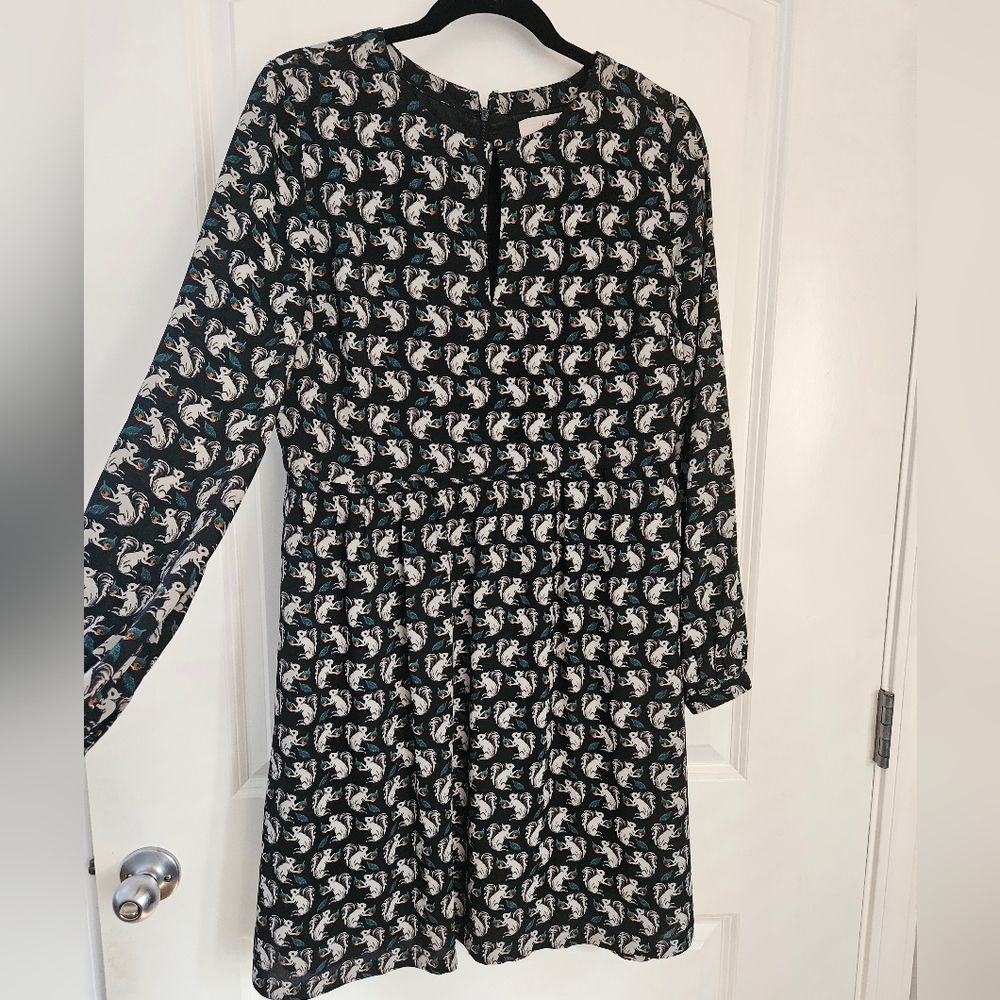 LOFT Black and White Squirrel Pattern Printed Long-Sleeve Dress